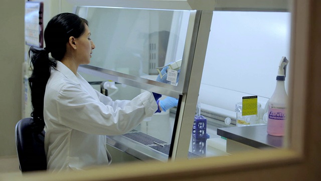 MS PAN实验室技术员，在癌症研究、医疗保健、医药行业DNA测序实验室/加拿大不列颠哥伦比亚省温哥华，在通风柜中使用微型吸管视频素材