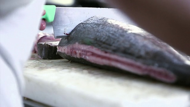 厨师准备意大利腊肠蓝鱼的特写镜头视频素材