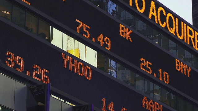 黄昏时分，时代广场上的金融股票行情显示视频下载