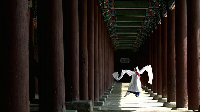 韩国首尔，京福宫后方，身着传统服饰的女子表演佛教舞蹈视频素材