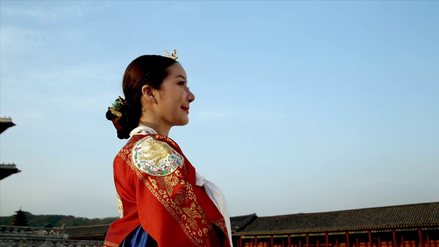 韩国首尔，身着皇后裙的古姿女士站在京福宫后面视频素材