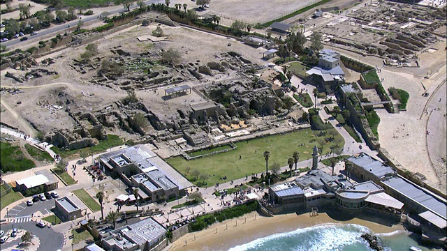 空中的废墟，包括竞技场又名马戏团，古凯撒利亚，以色列视频素材