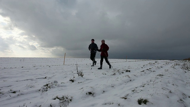 两个人在英国引人注目的雪景中散步视频素材