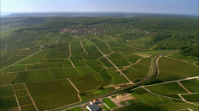 空中WS公路蜿蜒穿过绿色的山谷和葡萄园，与远处的小镇/法国香槟地区视频下载