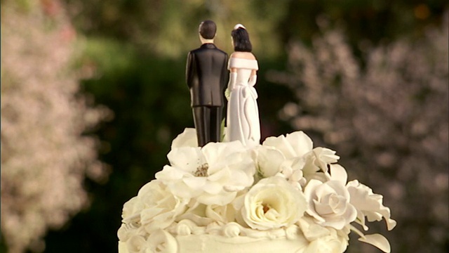 婚礼蛋糕，上面有新娘和新郎的雕像视频下载