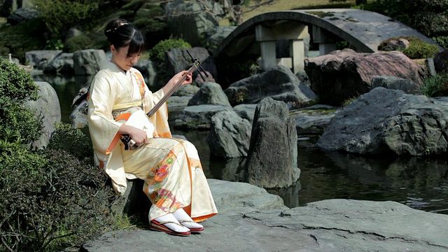 女人在日本花园里玩三味线(视频)视频素材