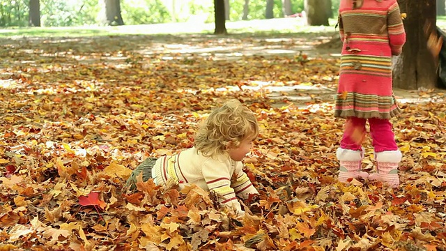 MS小男孩和小女孩在秋天的树叶中玩耍/多伦多，安大略省，加拿大视频素材