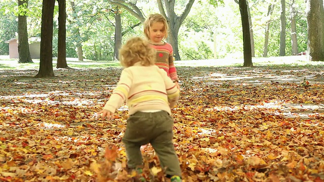 小男孩和小女孩在秋叶中玩耍/加拿大安大略省多伦多视频素材