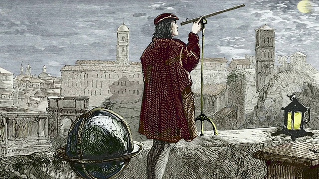 1500年，尼古拉·哥白尼(1473-1543)在罗马观察月食，彩色的历史艺术品。视频素材
