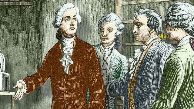 拉瓦锡的空气实验。法国化学家安东尼·洛朗·拉瓦锡(1743-1794)的历史艺术作品，向科学家们展示了他1776年进行的揭示空气成分的实验。视频素材