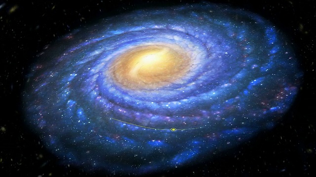 银河系。动画显示飞向我们的银河系，揭示其棒旋结构。视频素材