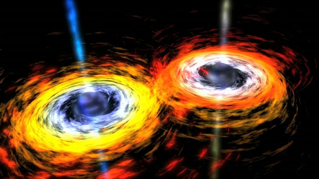 天体物理学,黑洞。一对黑洞被锁在一个螺旋星系中心的死亡螺旋中的动画。当它们合并时，大量的能量会以喷射的形式释放出来。美国国家航空航天局。视频下载