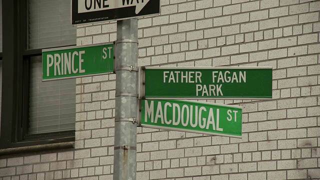 在王子和麦克道戈尔街交叉路口的街道标志的静态特写镜头，一个单向标志和一个费根神父公园的标志视频素材