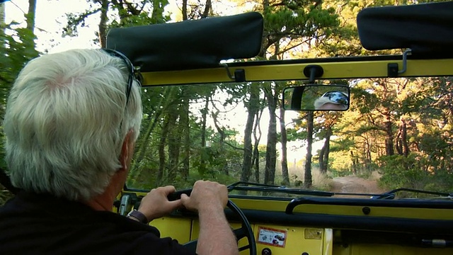美国马萨诸塞州，北特鲁罗，一名老人驾驶SUV行驶在绿树成荫的土路上视频素材