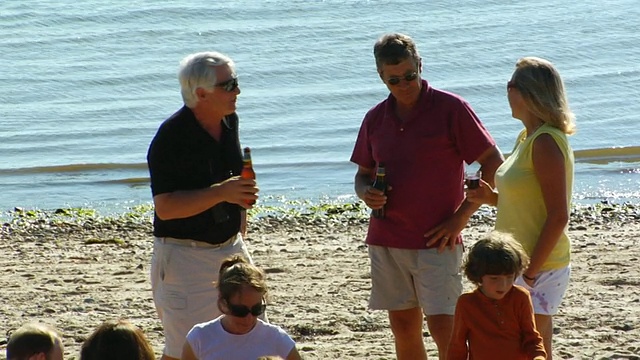 一群朋友在海滩上野餐，北特鲁罗，美国马萨诸塞州视频下载