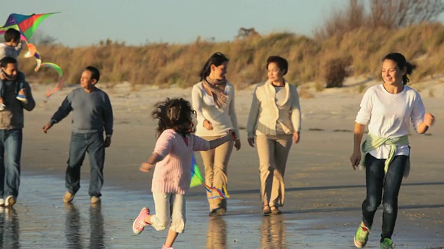 美国维吉尼亚州伊斯特维尔海滩上的WS TS多代家庭一起散步视频下载