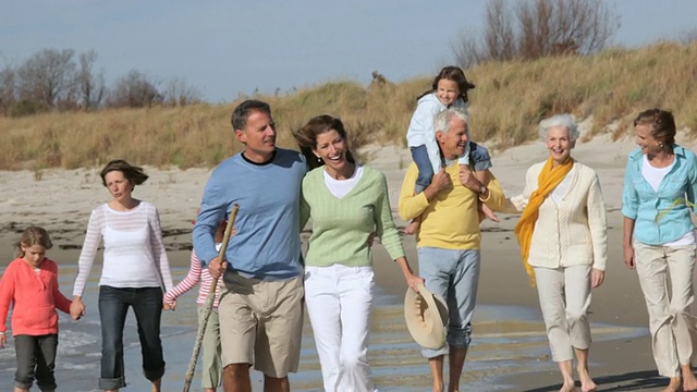 WS TS多代家庭一起沿着海滩散步/伊斯特维尔，弗吉尼亚州，美国视频素材