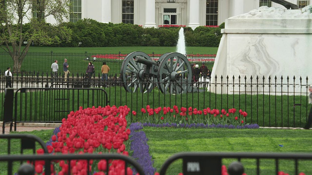 美国哥伦比亚特区华盛顿白宫前，游客在大炮附近漫游视频下载