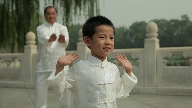 年轻的男孩和成熟的男人在公园里打太极，中国北京视频下载