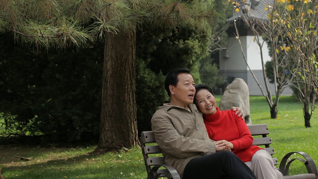 一对老夫妇在公园长椅上聊天、坐着、拥抱视频下载
