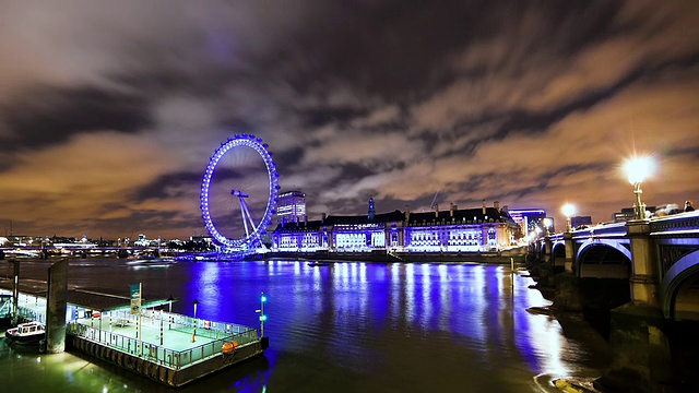 MS T/L傍晚伦敦眼上空云移动的照片/英国伦敦视频素材
