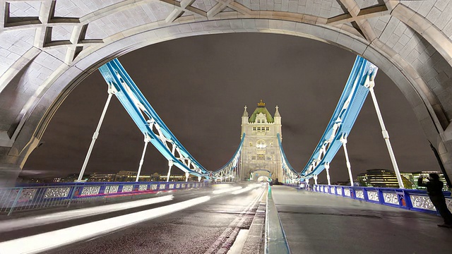 MS T/L拍摄的交通和人们在塔桥上移动的晚上/英国伦敦视频素材