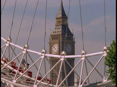伦敦眼- CU骑缓慢转弯，大本钟通过辐条，蓝天视频素材