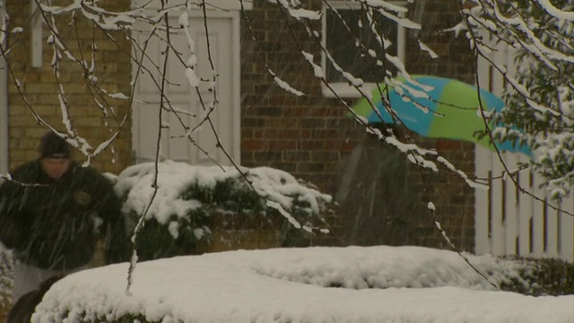 英国，MS人撑着雨伞走过大雪视频素材