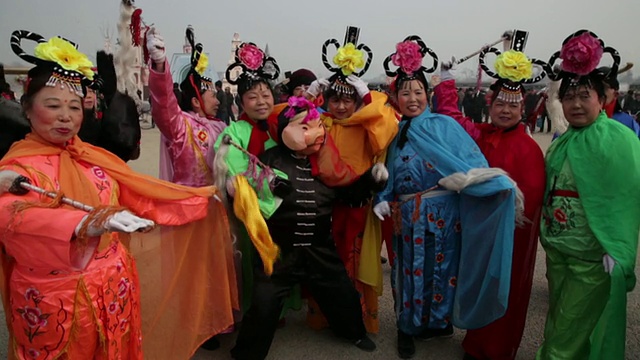 WS中国民间艺术家装扮成中国神话人物在庙会上摆姿势庆祝中国春节视频下载