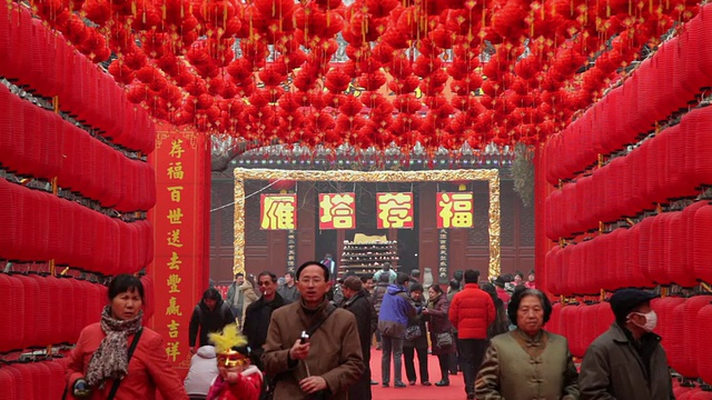 中国陕西西安小雁塔公园春节MS红灯笼装饰视频下载