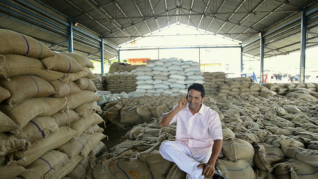 印度哈里亚纳邦古尔加翁，一名农民坐在麻袋上打电话视频素材