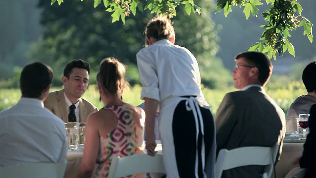 美国华盛顿，一群人在外面的宴会桌上用餐，服务员正在斟酒视频素材