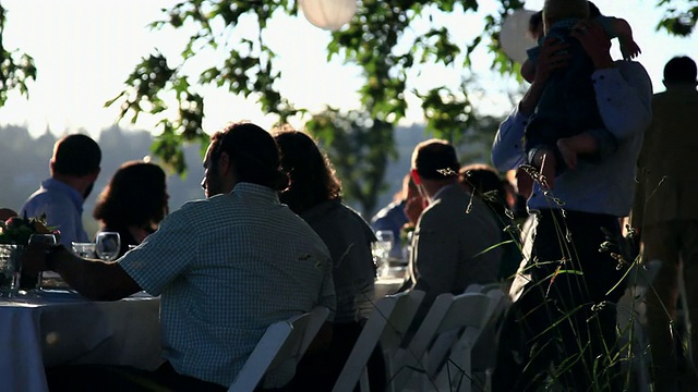 美国华盛顿，女服务员在宴会桌上给一群朋友端酒。父亲把孩子从桌子下抱起来视频素材