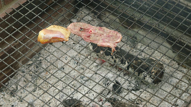 烧余烬和烤肉，把肉块用夹钳放在烤架上视频下载