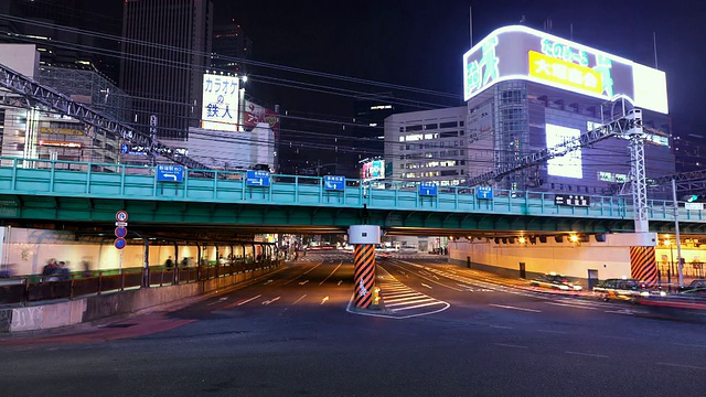 MS T/L繁忙的十字路口和火车立交桥在新宿商业和娱乐区/东京，日本视频素材