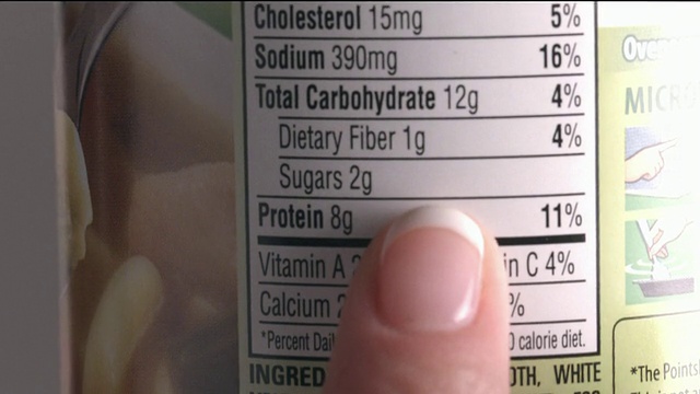 ECU女性手指跟随食物罐头背面营养标签上的文字视频下载