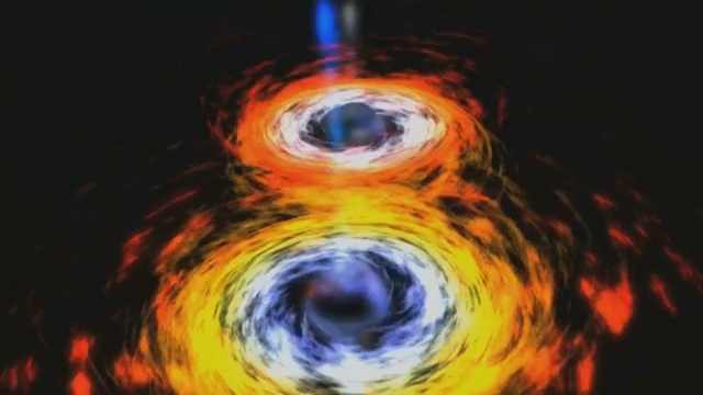 对一个螺旋星系中心的更近距离观察揭示了一对被锁定在死亡螺旋中的黑洞。当它们合并时，大量的能量会以喷射的形式释放出来视频素材