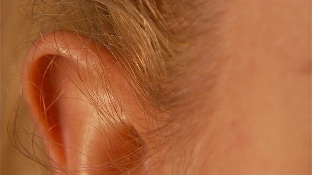 靠近-倾斜-倾斜-一个洞穿过一个女人的耳朵。视频素材