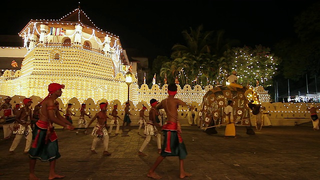 大象和舞者在佛教节或游行队伍“Esala Perahera”前的“寺庙的牙齿”音频/康提，斯里兰卡中部省视频下载