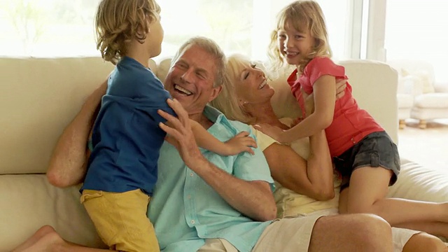 孙子们跑到爷爷奶奶家，在室内沙发上拥抱。视频素材