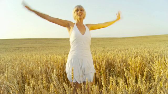 HD多莉:快乐的女人在小麦纺纱视频素材