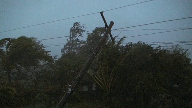 2009年10月3日，台风帕尔马潘普洛纳附近的电线杆在强风中危险地倾斜视频素材