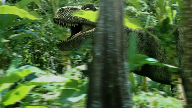 中等近距离跟踪左-在电脑生成的动画中，一只雷克斯暴龙咆哮着追赶另一只恐龙。/美国伊利诺斯州芝加哥视频下载