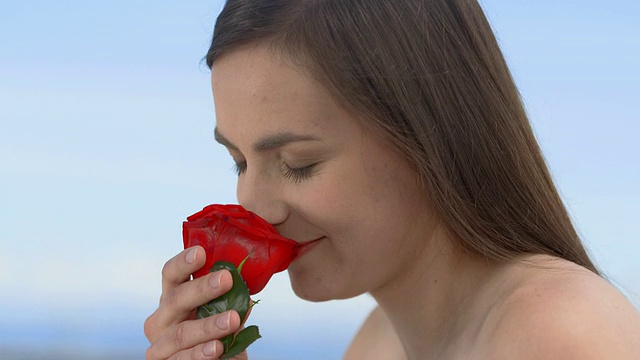 年轻女子在海滩上接受一朵玫瑰视频下载