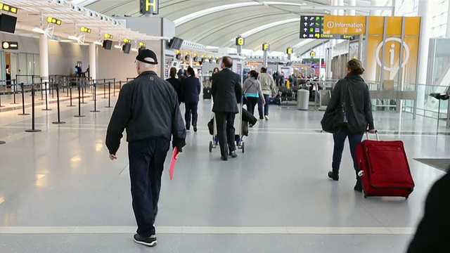 乘客和飞行员推着行李车通过机场视频素材