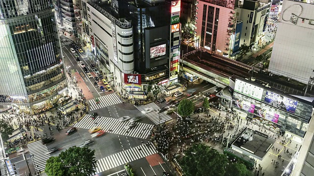 日本东京，涩谷，晚上八公路口的人群和交通视频素材