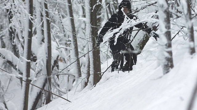 HD超级慢动作:单板滑雪穿越森林视频下载