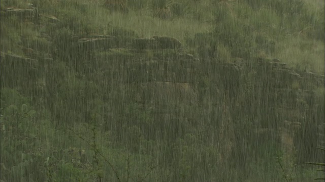 中长镜头静态-大雨倾泻在岩石沙漠。/美国新墨西哥州视频下载