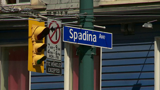 Spadina大街的标志。一个快速的平底锅左右视频素材