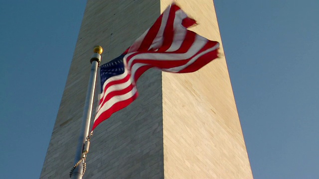 美国哥伦比亚特区华盛顿纪念碑旁随风飘扬的国旗视频下载